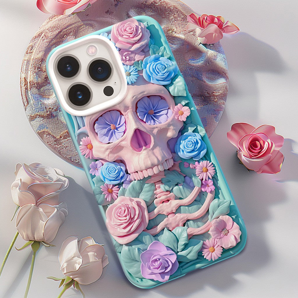 3D Purple Floral Skull Design Phone Case, for iPhone, Google Pixel, Samsung Galaxy