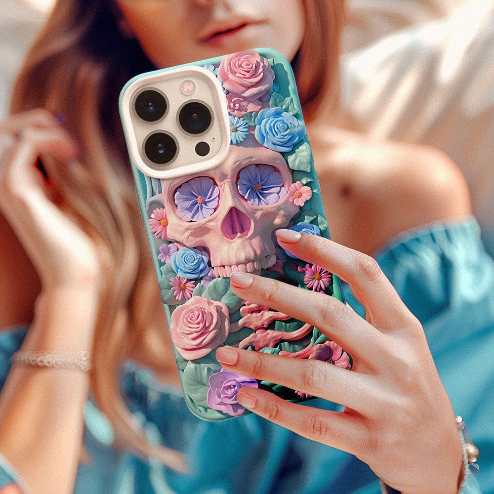 3D Purple Floral Skull Design Phone Case, for iPhone, Google Pixel, Samsung Galaxy