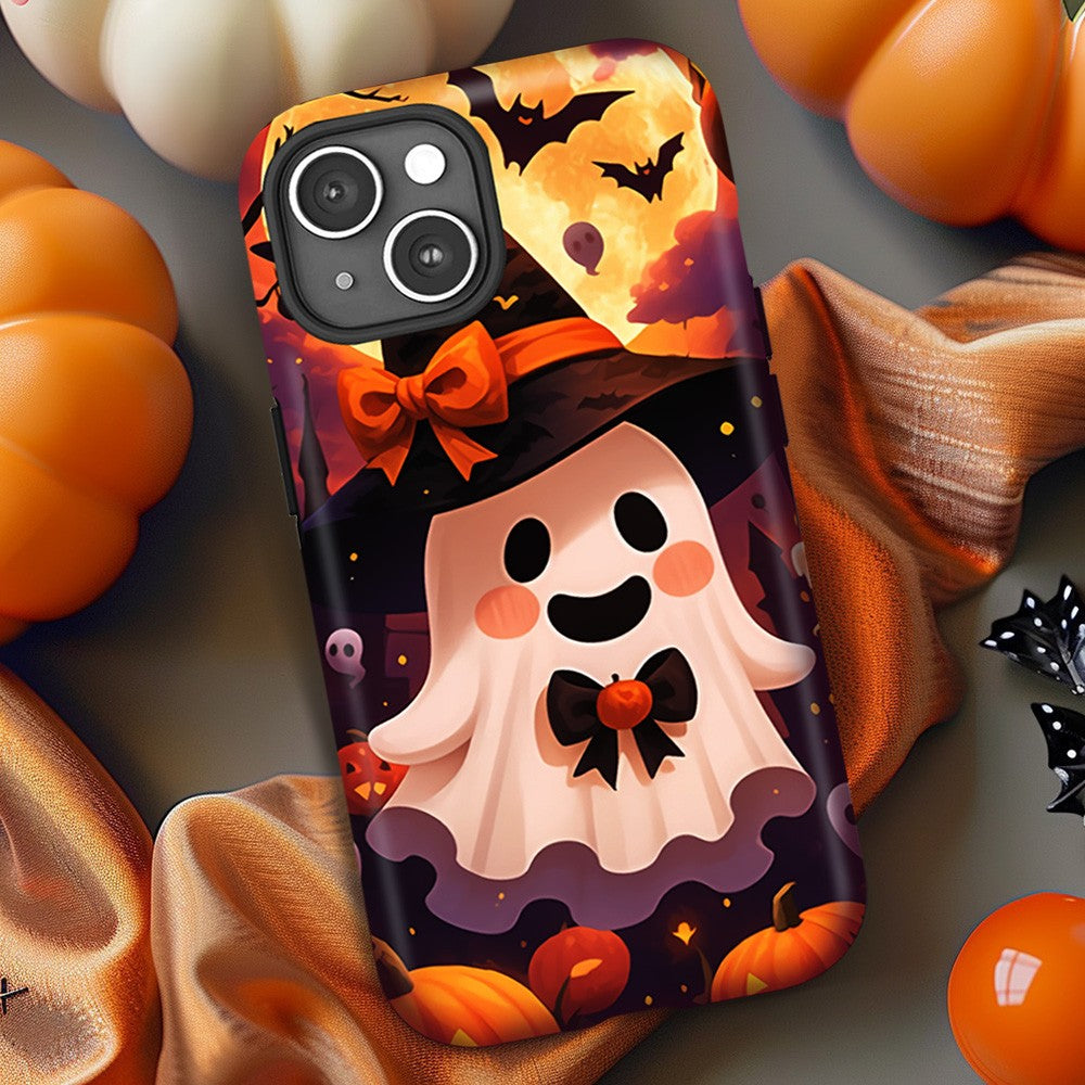 Ghost Halloween Phone Case with Pumpkin and Witch Hat, iPhone, Pixel, Samsung