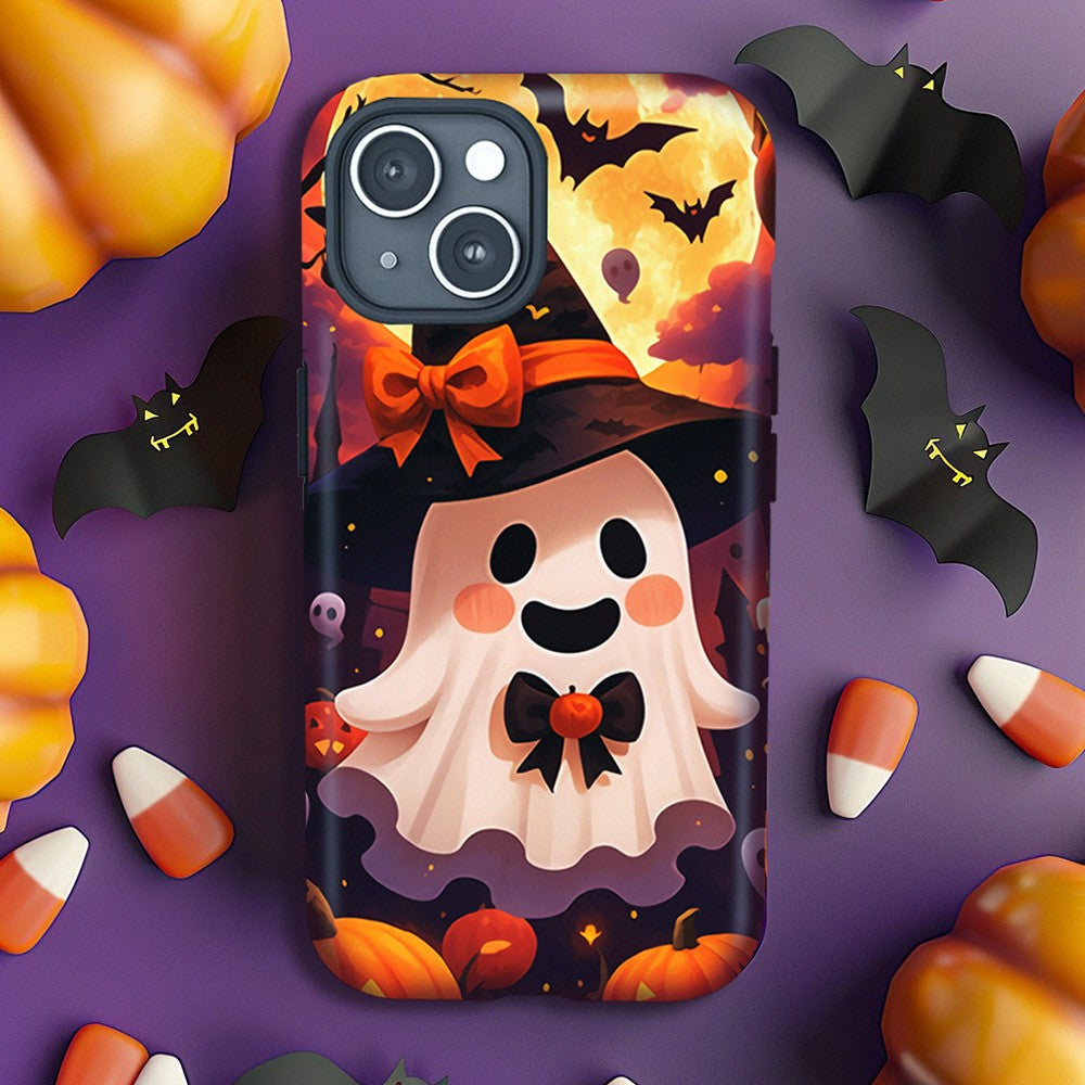 Ghost Halloween Phone Case with Pumpkin and Witch Hat, iPhone, Pixel, Samsung