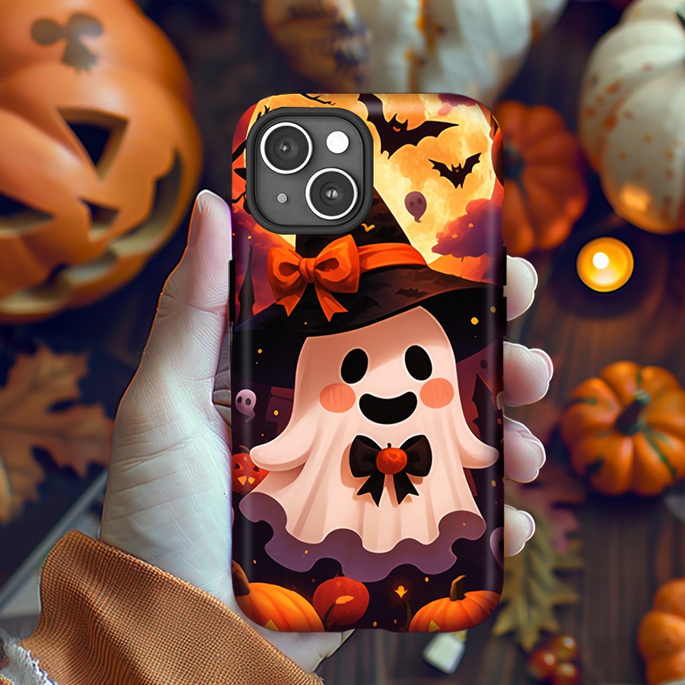 Ghost Halloween Phone Case with Pumpkin and Witch Hat, iPhone, Pixel, Samsung