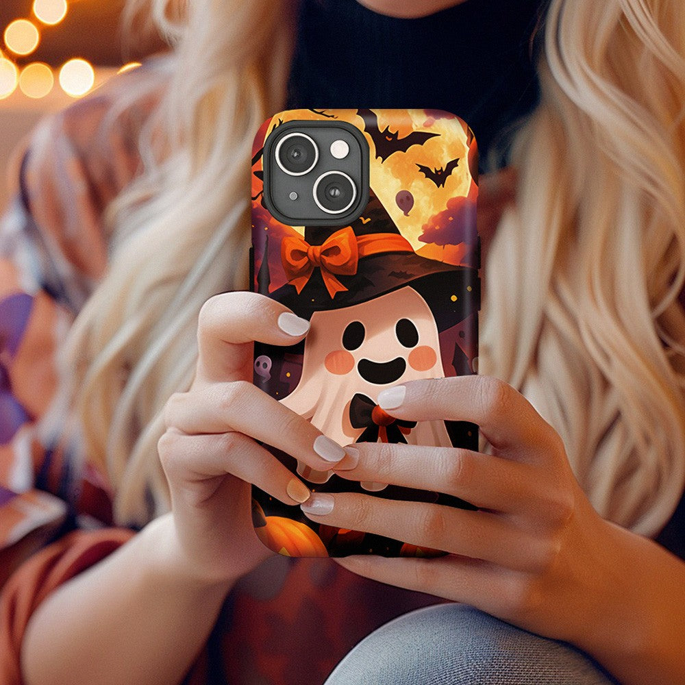Ghost Halloween Phone Case with Pumpkin and Witch Hat, iPhone, Pixel, Samsung
