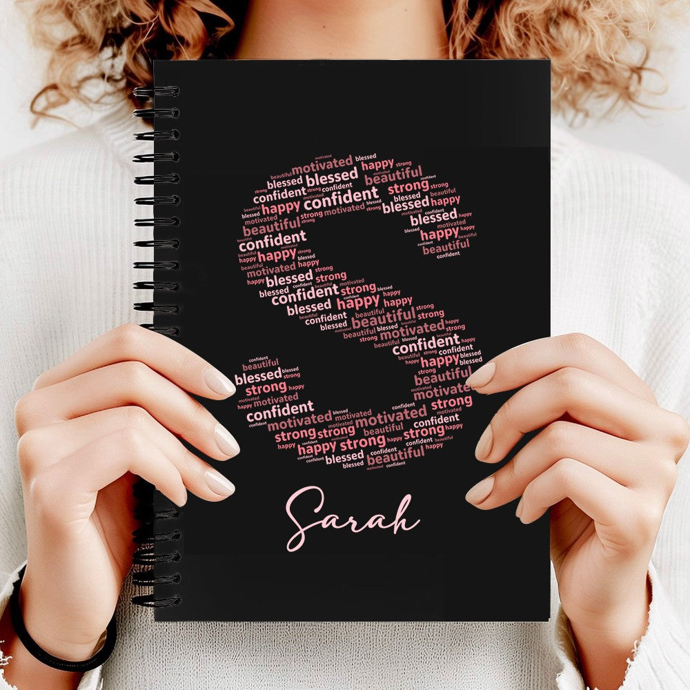 Custom Notebook with Positive Affirmation Word Cloud Design, Personalized Name Journal