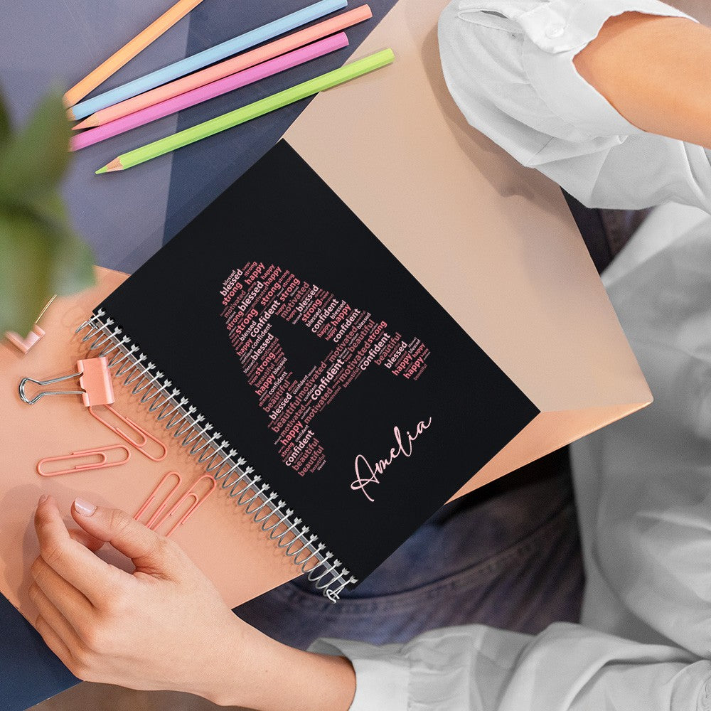 Custom Notebook with Positive Affirmation Word Cloud Design, Personalized Name Journal