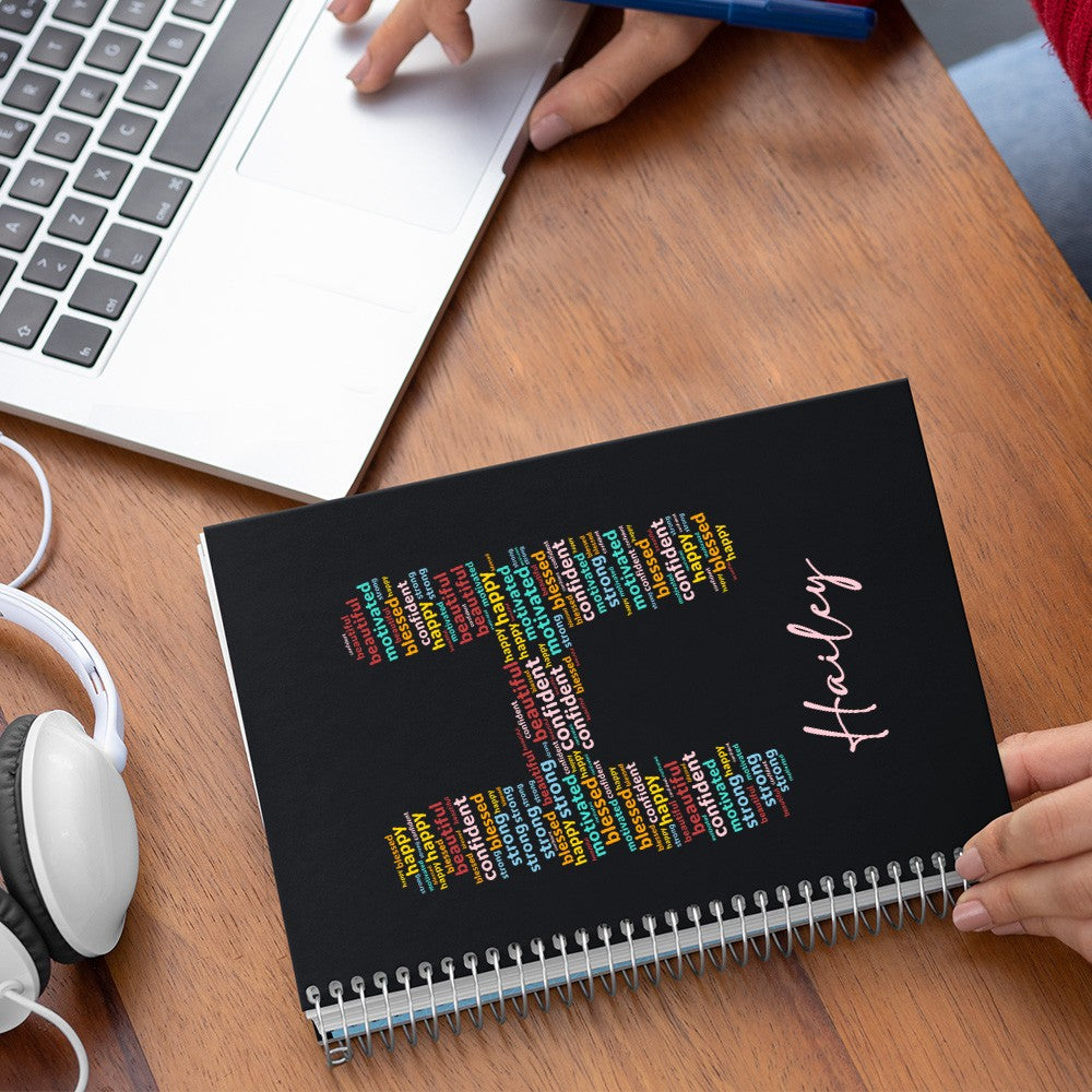 Custom Notebook with Positive Affirmation Word Cloud Design, Personalized Name Journal