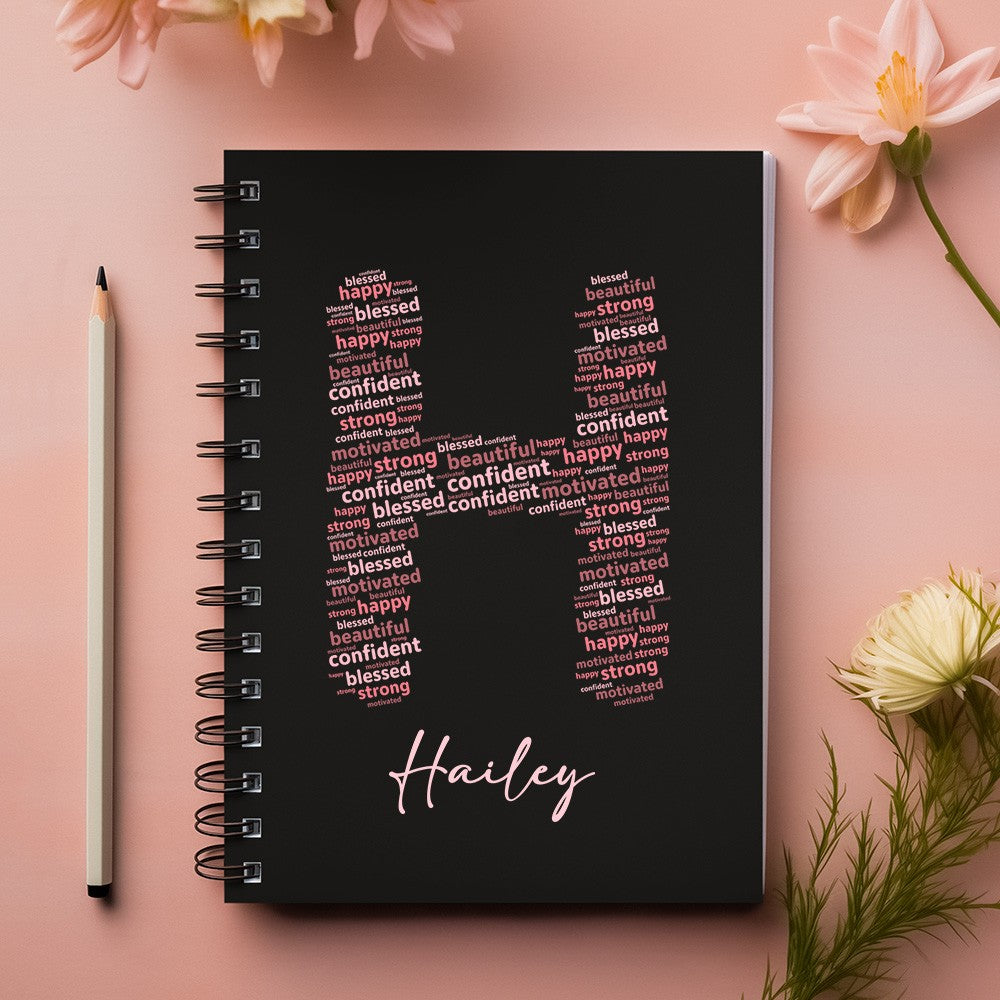 Custom Notebook with Positive Affirmation Word Cloud Design, Personalized Name Journal