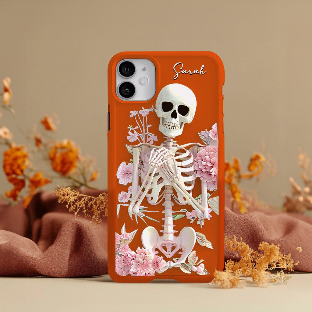 Personalized Name Pink Floral Skull Phone Case, Embroidered Look Floral Charm Phone Cover, Halloween Cottagecore, iPhone, Pixel, Samsung