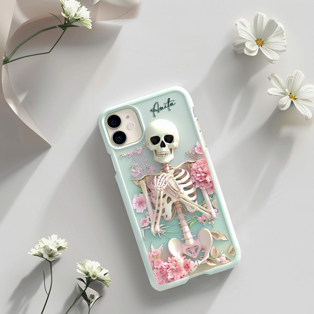 Personalized Name Pink Floral Skull Phone Case, Embroidered Look Floral Charm Phone Cover, Halloween Cottagecore, iPhone, Pixel, Samsung