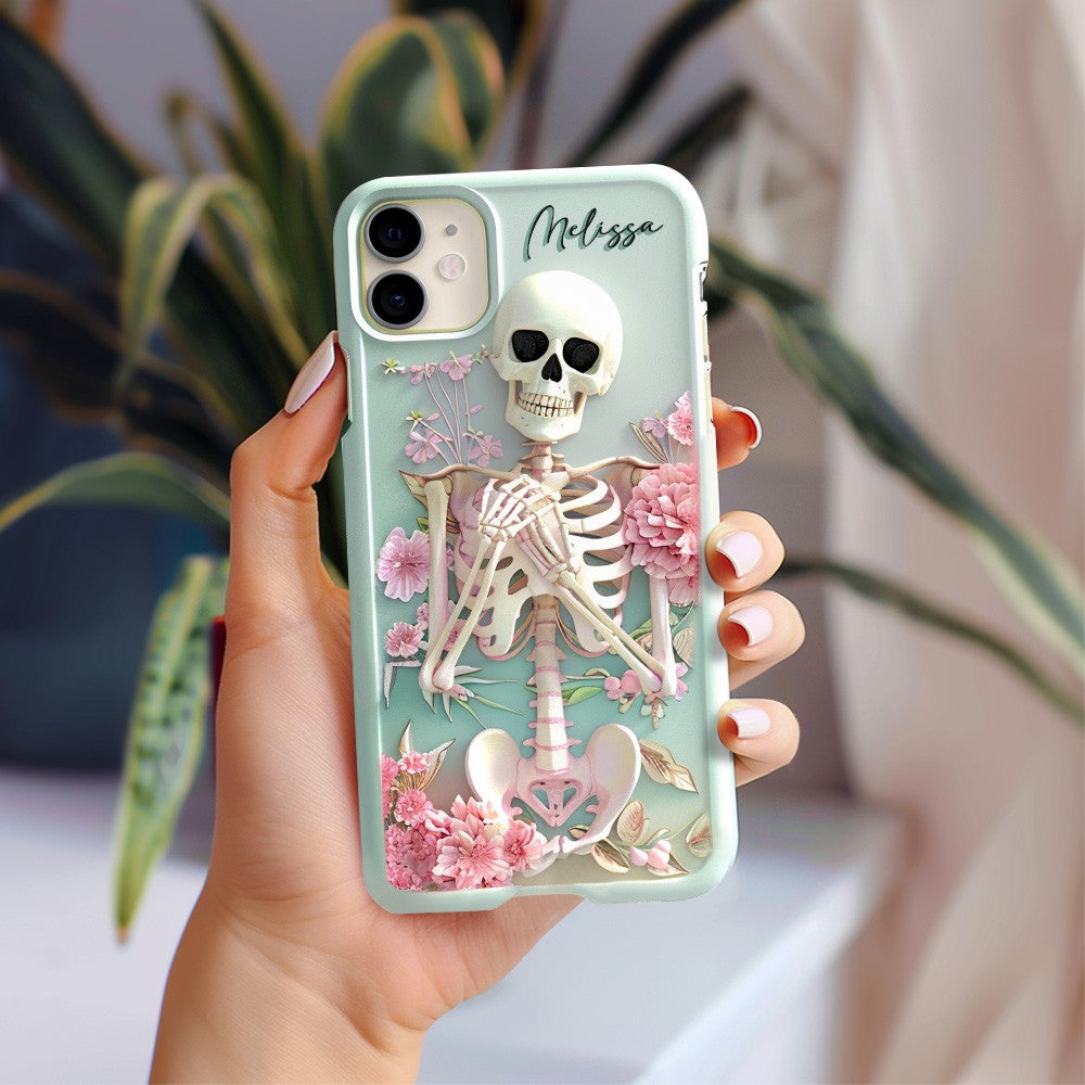 Personalized Name Pink Floral Skull Phone Case, Embroidered Look Floral Charm Phone Cover, Halloween Cottagecore, iPhone, Pixel, Samsung