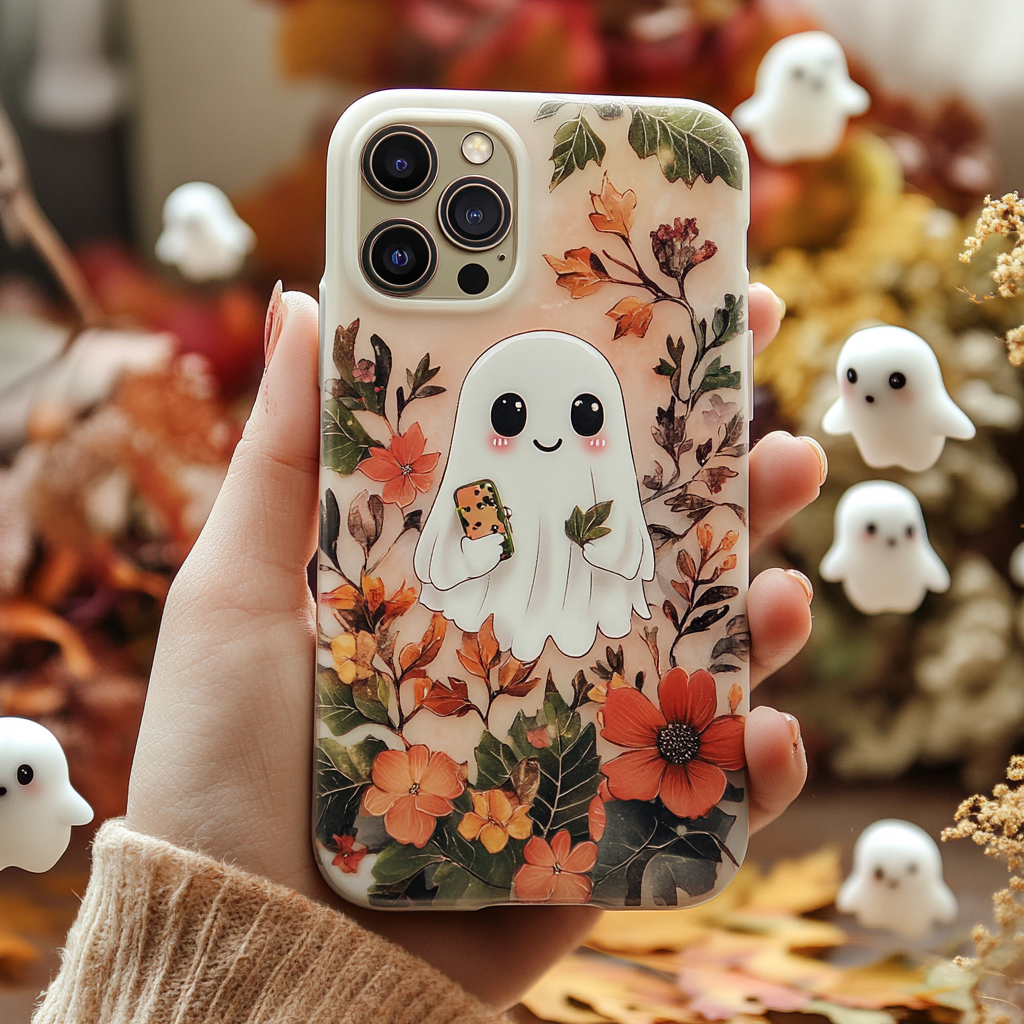 Autumn Leaves and Ghosts Design Case, Celebrate Halloween Spooky Season for iPhone, Samsung Galaxy, Google Pixel
