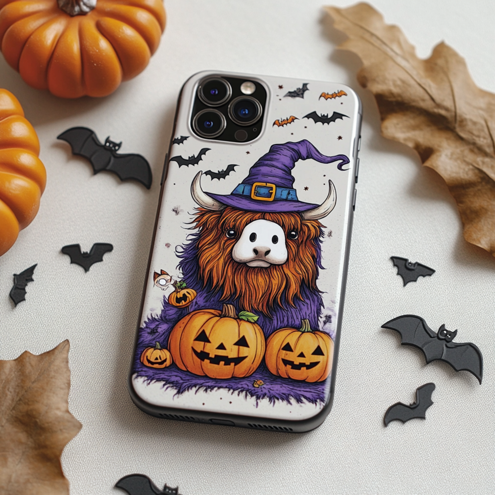 Spooky szn/Spooky Season Halloween Highland Cow Phone Case,Cute Pumpkin Design, Spooky Season Cover for iPhone, Samsung Galaxy, Google Pixel,Xiaomi