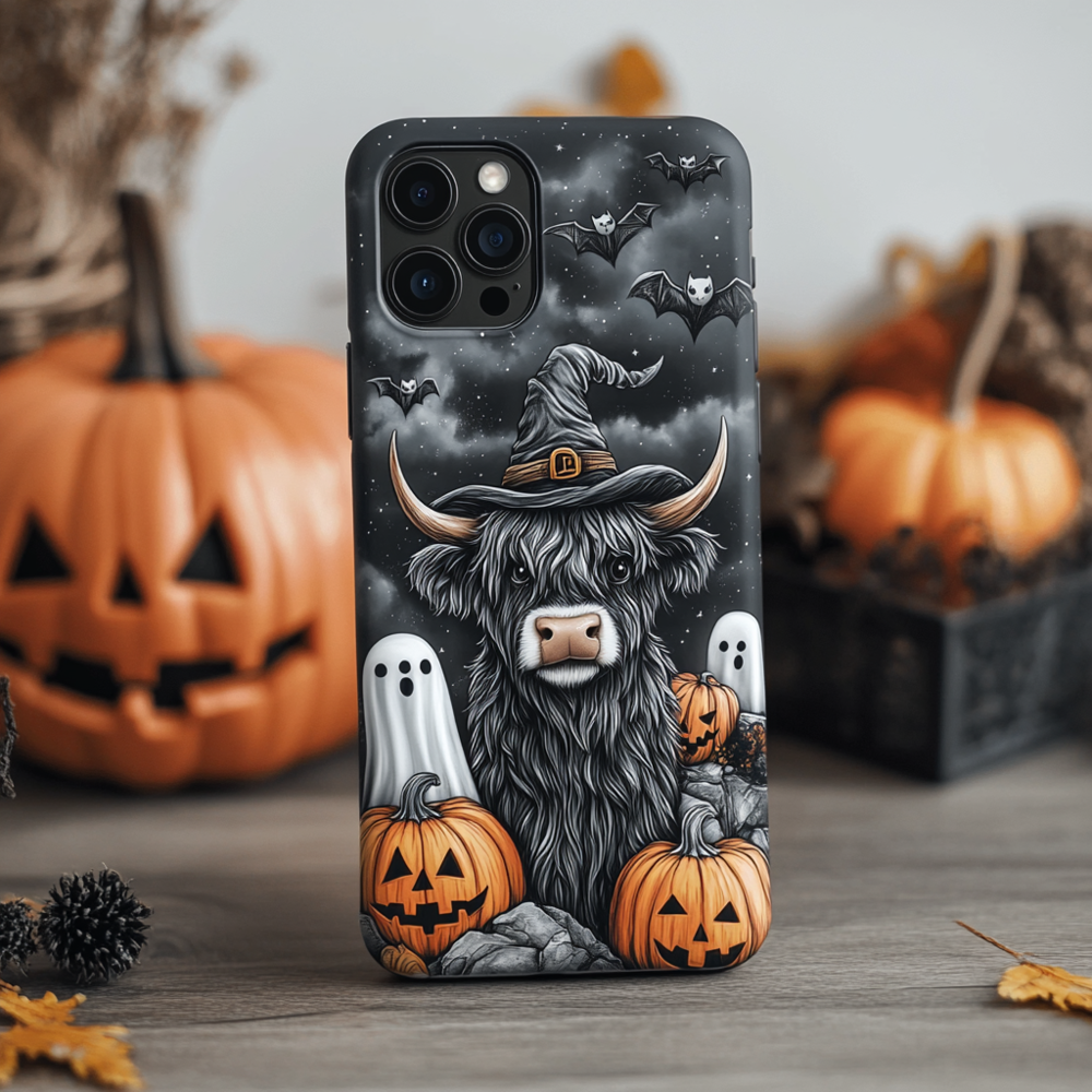 Spooky szn/Spooky Season Halloween Highland Cow Phone Case,Cute Pumpkin Design, Spooky Season Cover for iPhone, Samsung Galaxy, Google Pixel,Xiaomi