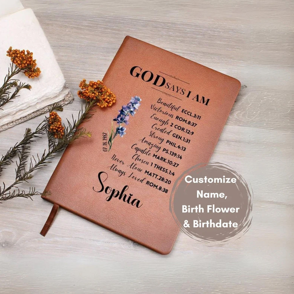 Custom Prayer Journal with Name & Birth Flower, God Says I Am Positive Affirmations Leather Notebook, Graduation/Birthday/Christmas/ Gift for Women