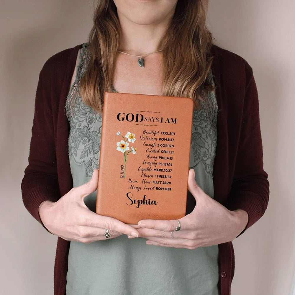 Custom Prayer Journal with Name & Birth Flower, God Says I Am Positive Affirmations Leather Notebook, Graduation/Birthday/Christmas/ Gift for Women