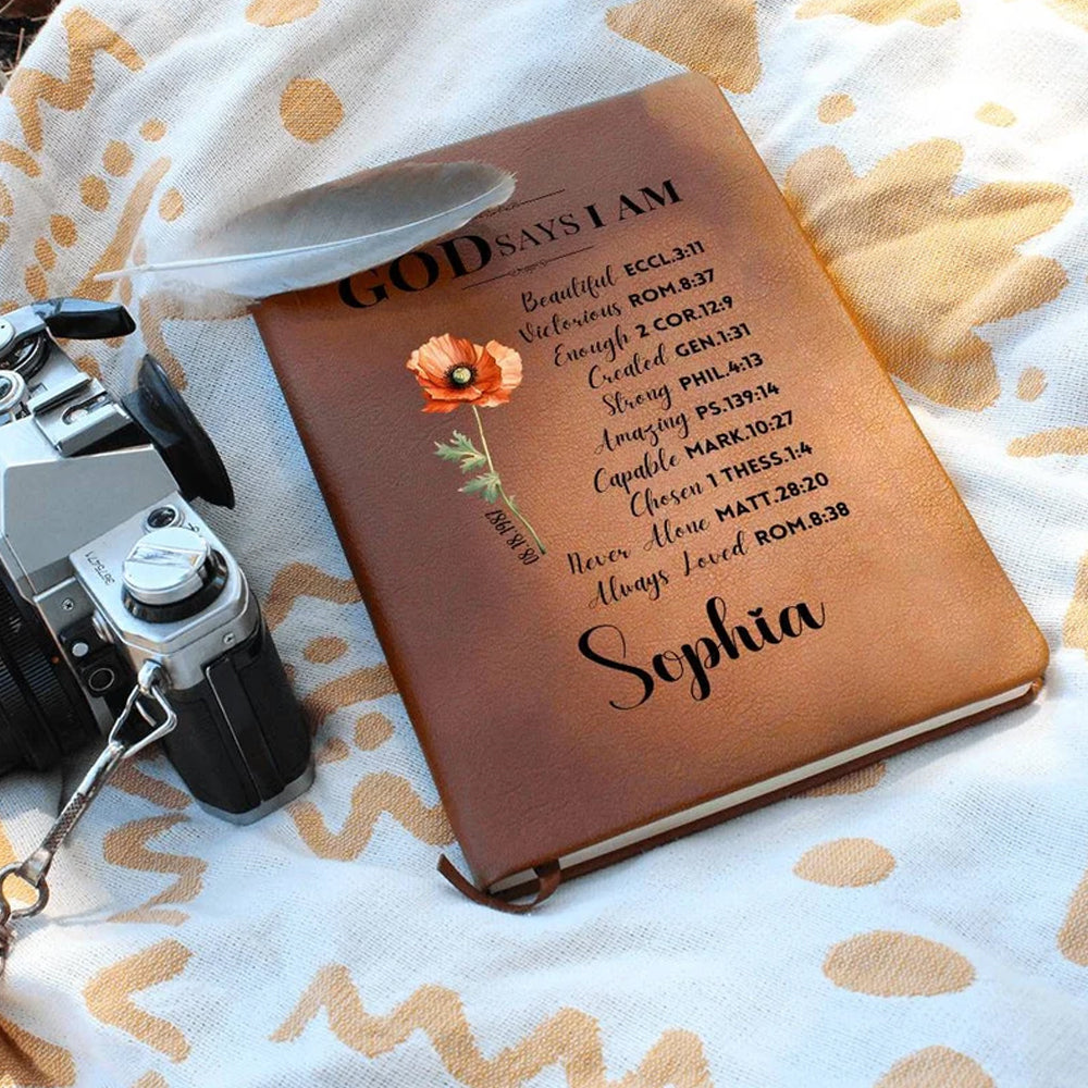 Custom Prayer Journal with Name & Birth Flower, God Says I Am Positive Affirmations Leather Notebook, Graduation/Birthday/Christmas/ Gift for Women