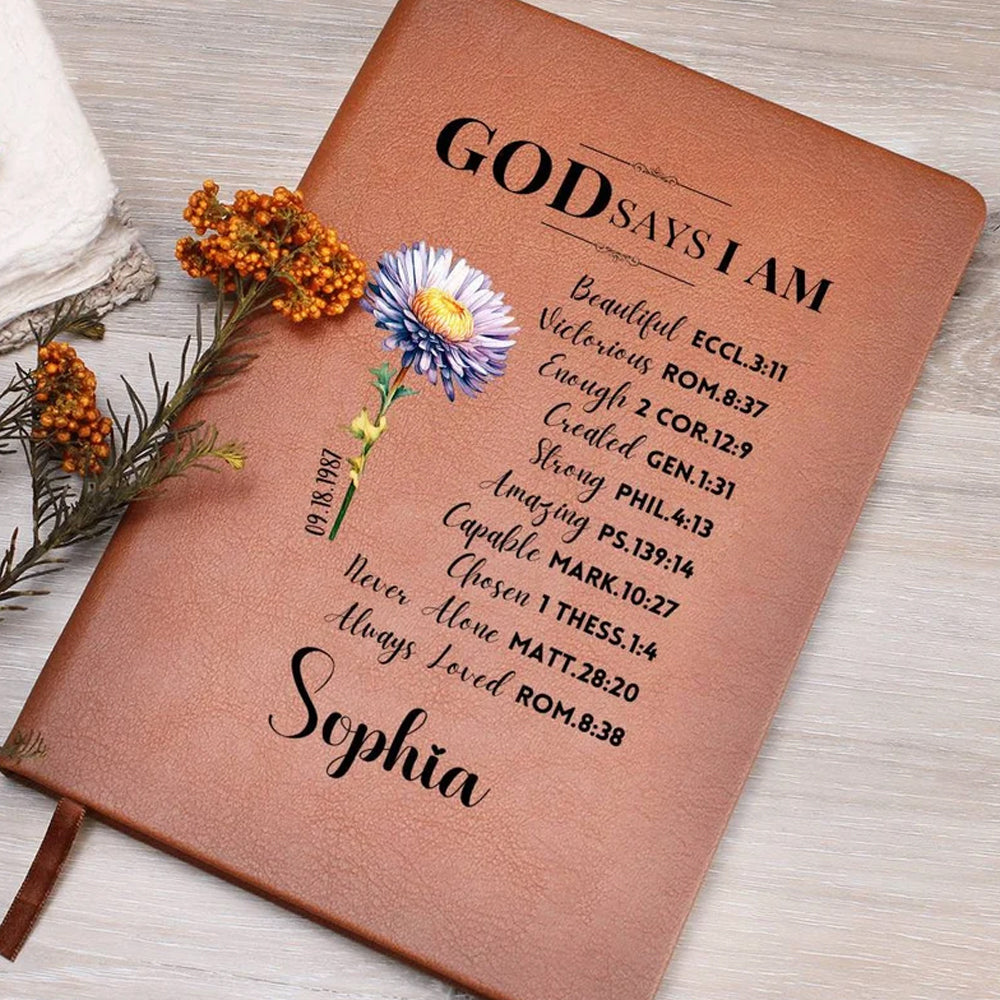 Custom Prayer Journal with Name & Birth Flower, God Says I Am Positive Affirmations Leather Notebook, Graduation/Birthday/Christmas/ Gift for Women