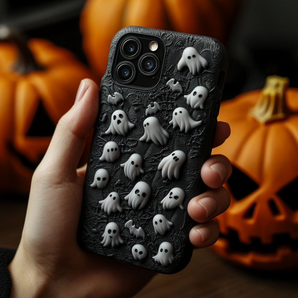 3D Ghost and Pumpkin Halloween Phone Case,Spooky Season Black Design, Multiple Styles for iPhone, Samsung Galaxy