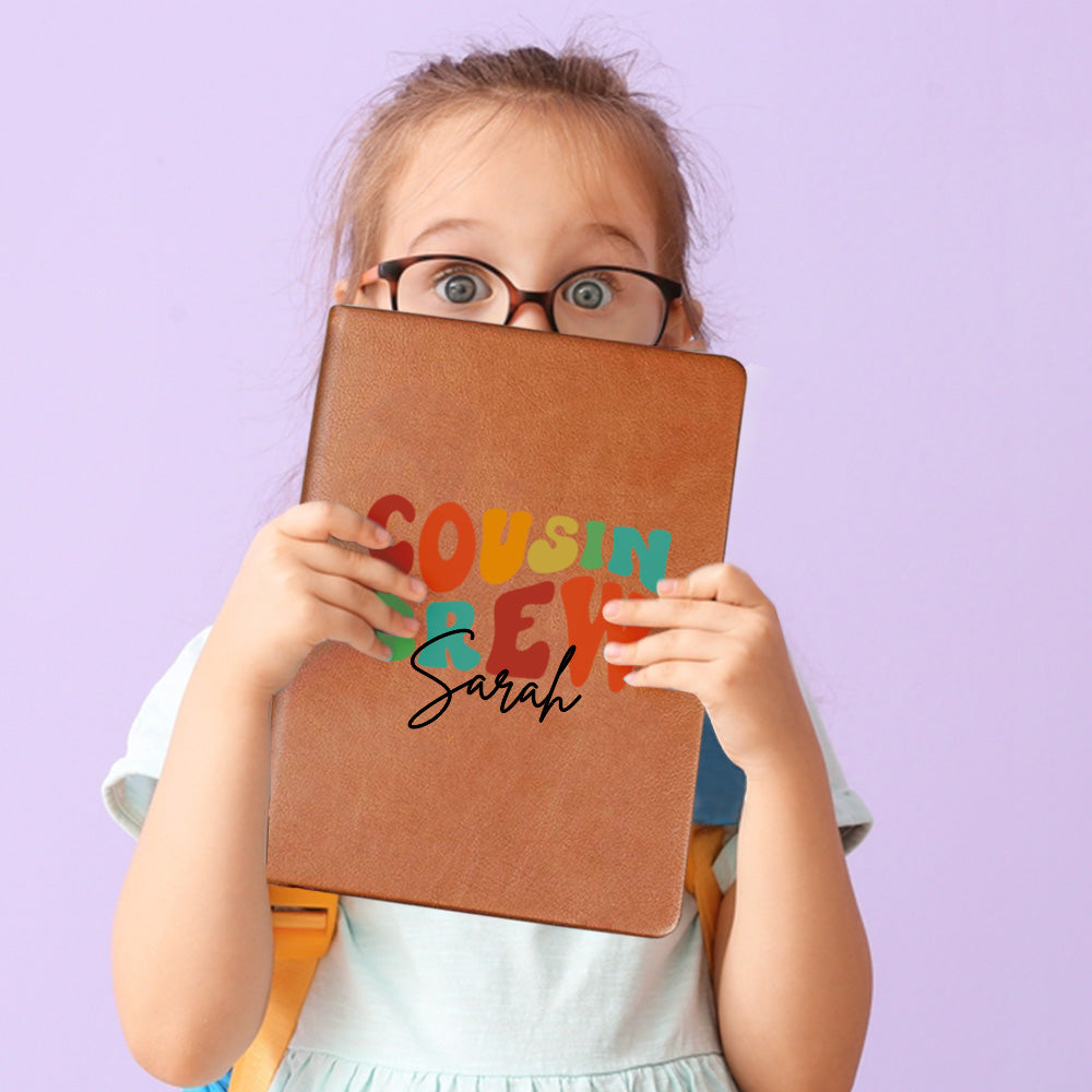 Personalized Cousin Crew Leather Notebook with Custom Name, Family Gift Journal for Kids and Adults