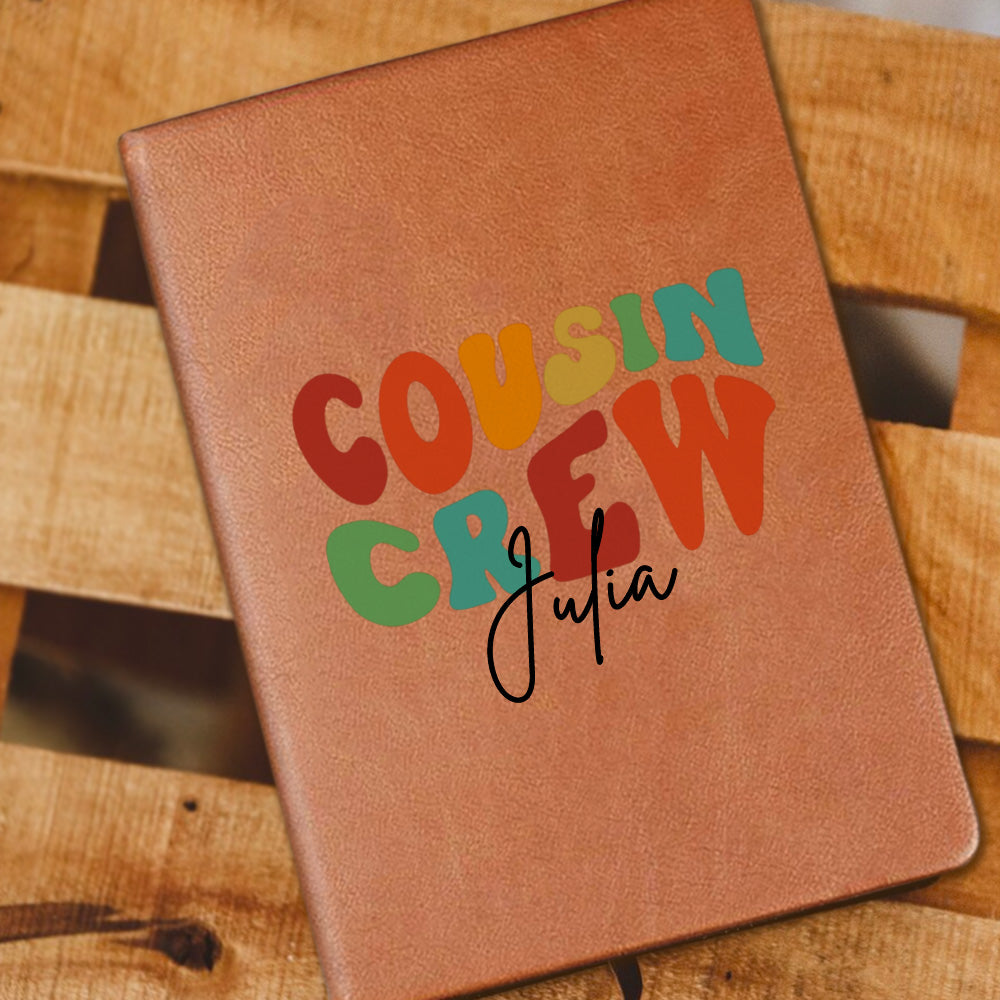 Personalized Cousin Crew Leather Notebook with Custom Name, Family Gift Journal for Kids and Adults