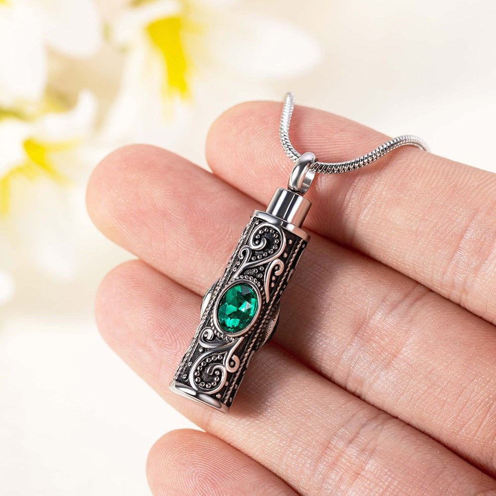 Personalized Gemstone Vintage Cylinder Urn Necklace for Ashes, Cremation Jewelry, Memorial Keepsake, Sympathy Gift for Pet Loss/Family/Friend/Lover