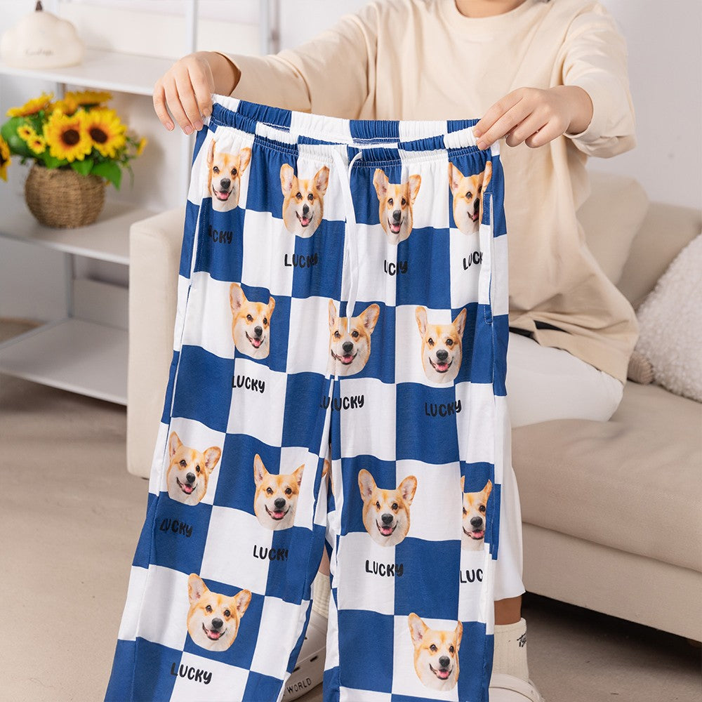 Custom Name Pet Portrait Pajama Pants, Personalized Dog Cat Face Photos Sleepwear Bottoms, Funny Lounge Pants with Drawstring, Gift for Pet Mom/Dad