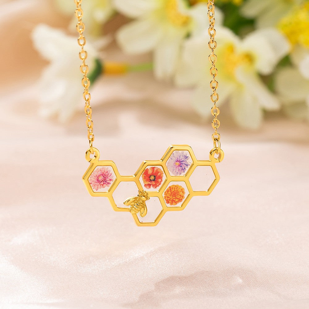 Custom Birth Month Flower Necklace, Brass/Sterling Silver 925 Honeycomb Pendant, Flower Necklace for Her