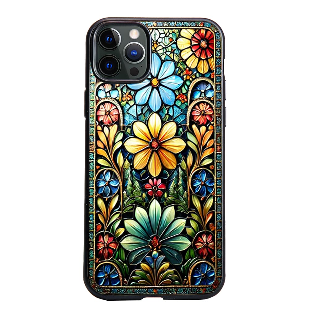 Personalized Floral Art Design, Floral Mosaic Style Phone Case, Vintage Stained Glass Pattern Protective Cover for iPhone, Samsung Galaxy