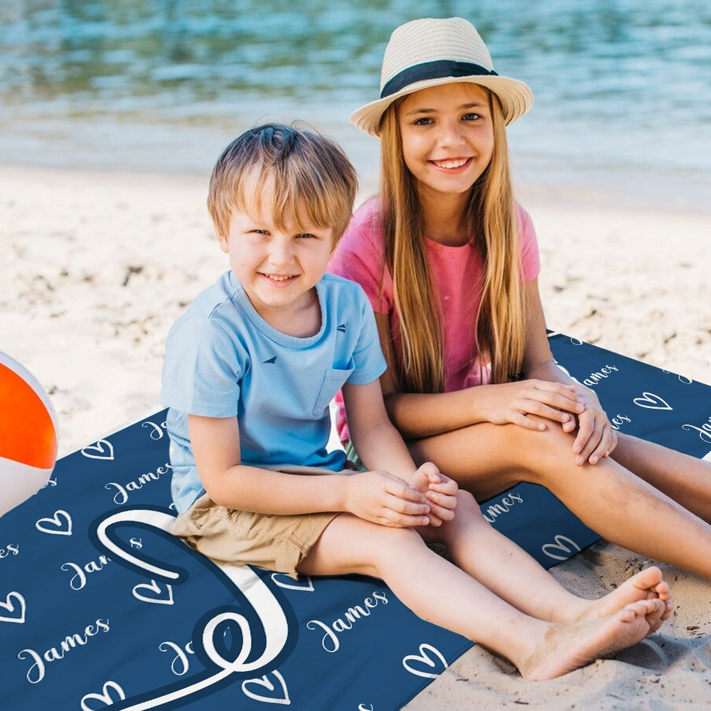 Personalized Name Hearts Beach Towel, Quick Dry Microfiber Bath Towel, Vacation/Sunbathing/Beach/Spa/Pool Party Favor, Gift for Kids/Family/Friends