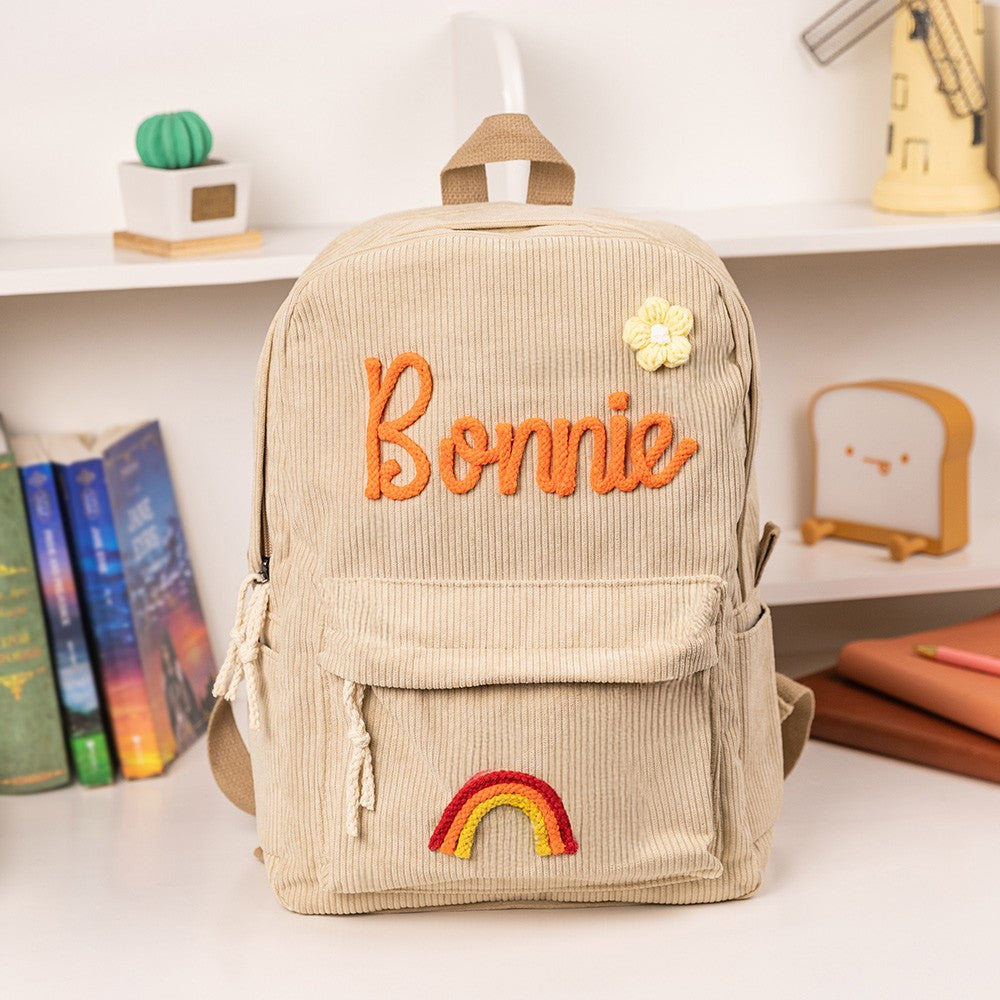 Personalized Braided Flower Rainbow Name Corduroy Backpack, Custom Toddler School Bag, Birthday/Children's Day/Back to School Gift for Kids
