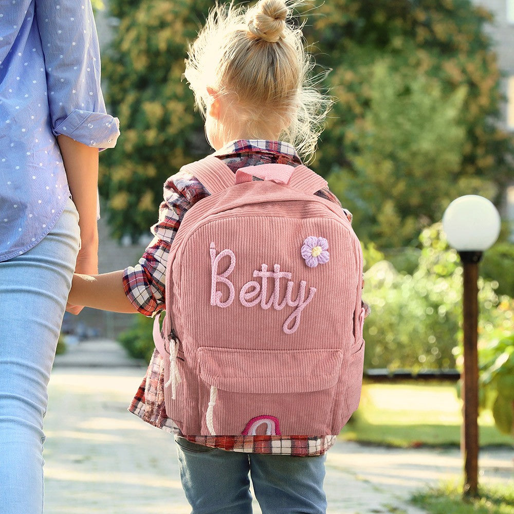 Personalized Braided Flower Rainbow Name Corduroy Backpack, Custom Toddler School Bag, Birthday/Children's Day/Back to School Gift for Kids