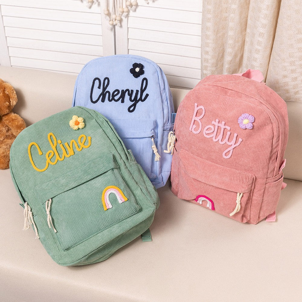 Personalized Braided Flower Rainbow Name Corduroy Backpack, Custom Toddler School Bag, Birthday/Children's Day/Back to School Gift for Kids