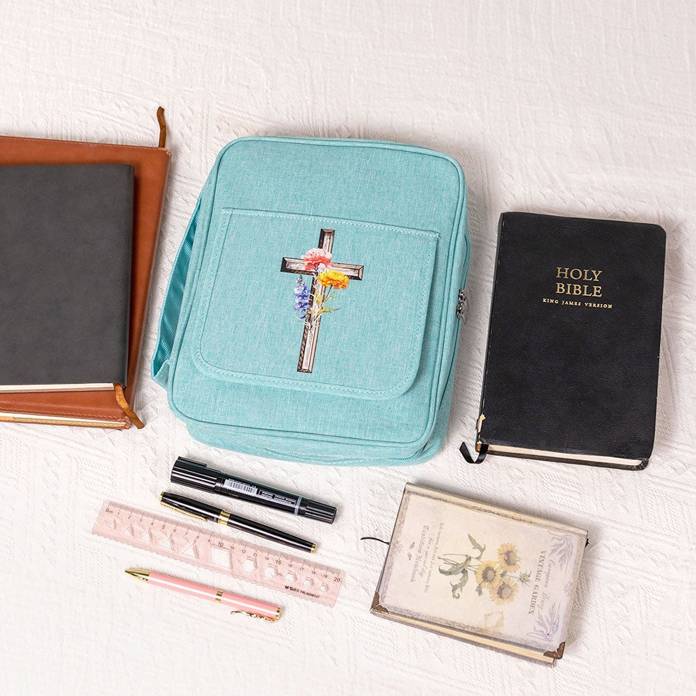 Personalized Birth Flower Cross Bible Cover, Custom Name Bible Protective Cover with Pen Slot & Zipper Bag, Church Bag, Christmas Gift for Christian