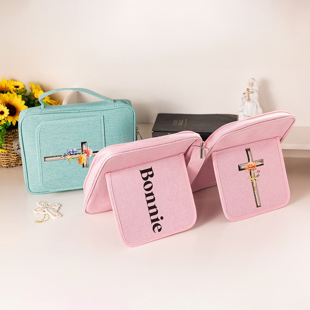Personalized Birth Flower Cross Bible Cover, Custom Name Bible Protective Cover with Pen Slot & Zipper Bag, Church Bag, Christmas Gift for Christian