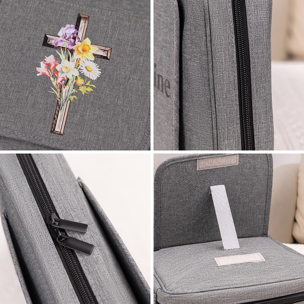 Personalized Birth Flower Cross Bible Cover, Custom Name Bible Protective Cover with Pen Slot & Zipper Bag, Church Bag, Christmas Gift for Christian
