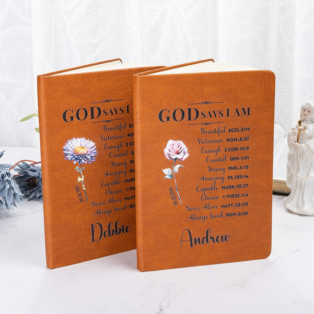 Custom Prayer Journal with Name & Birth Flower, God Says I Am Positive Affirmations Leather Notebook, Graduation/Birthday/Christmas/ Gift for Women