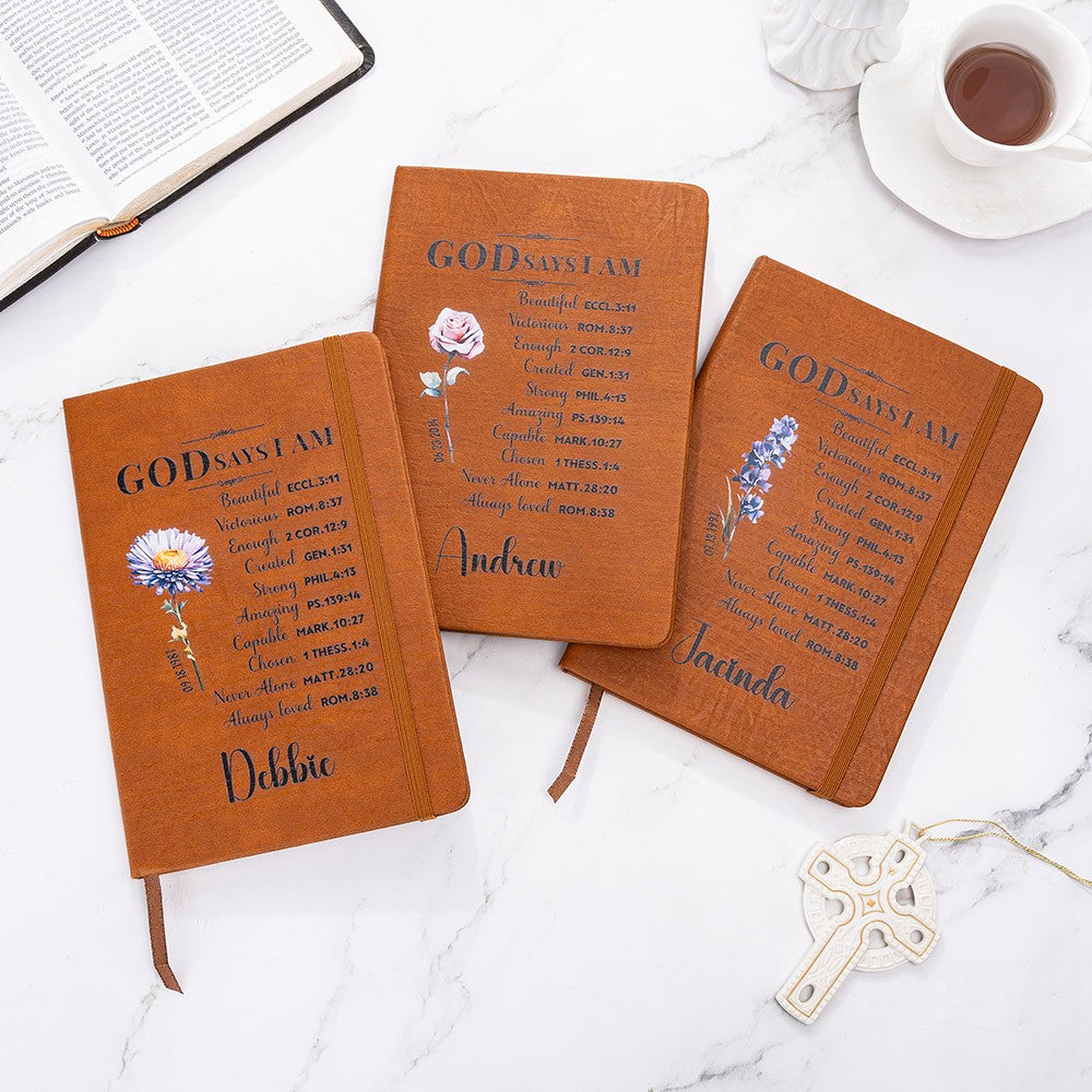Custom Prayer Journal with Name & Birth Flower, God Says I Am Positive Affirmations Leather Notebook, Graduation/Birthday/Christmas/ Gift for Women
