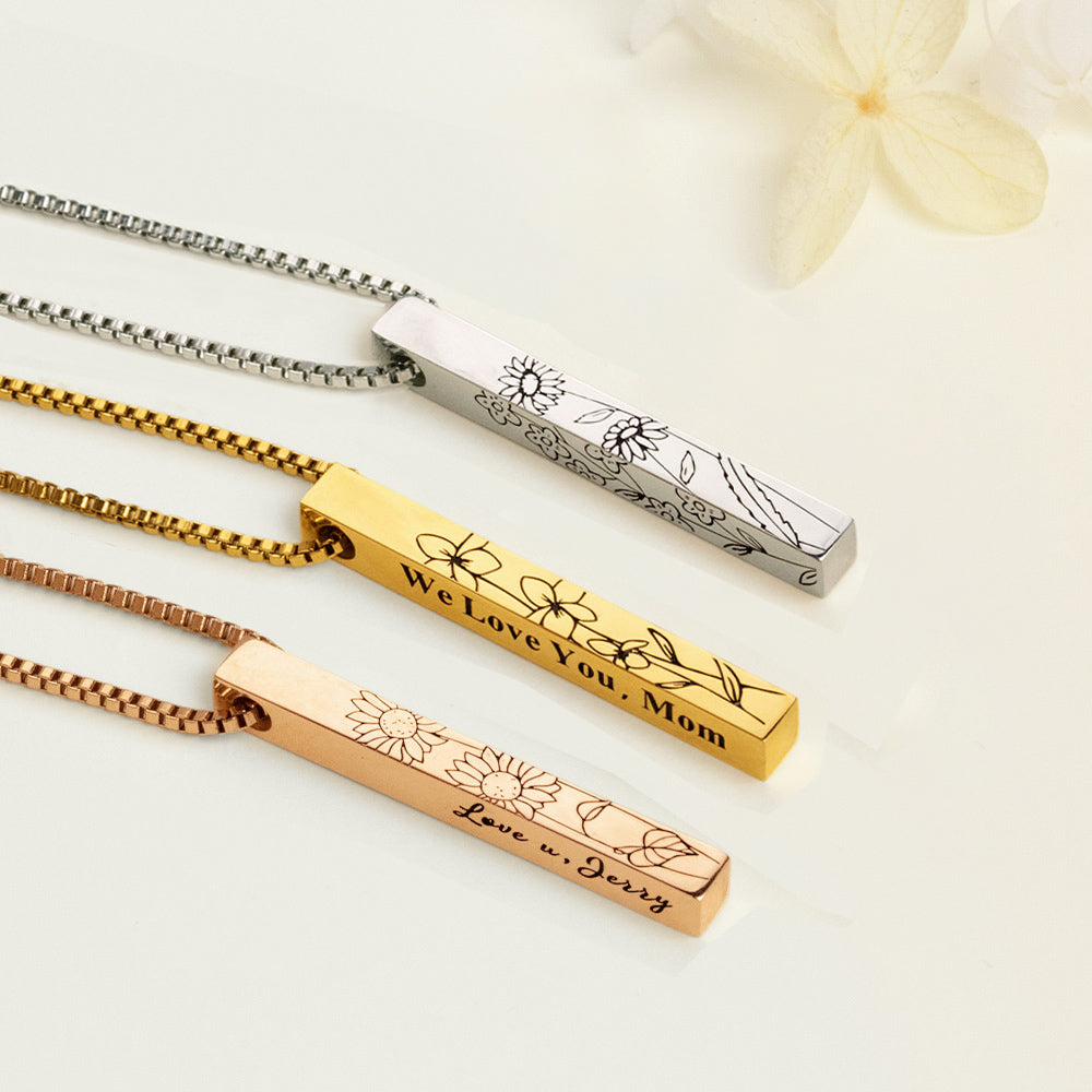 Personalized Birth Flower Engraved Bar Necklace, Customize 4 Sides with Engraving, Family Necklace, Women's Jewelry, Birthday/Anniversary/Mother's Day Gift for Her