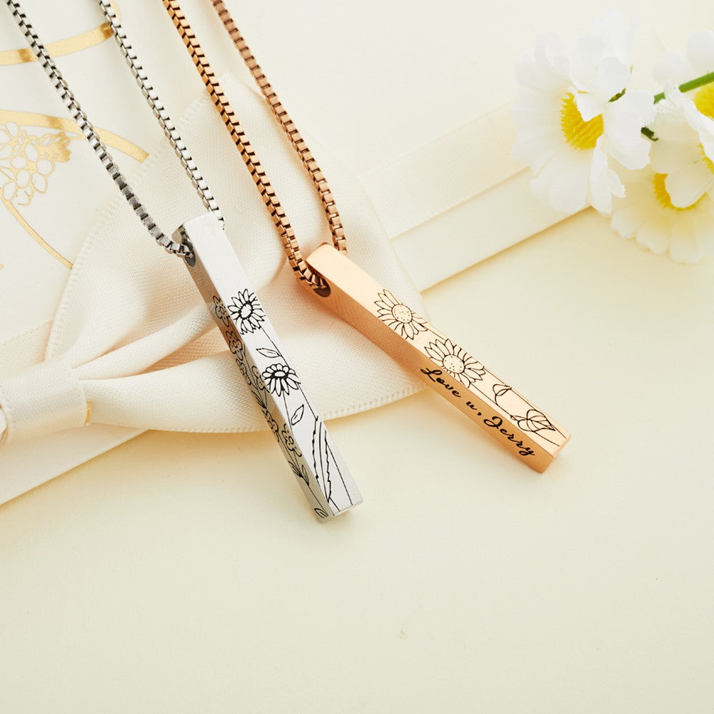 Personalized Birth Flower Engraved Bar Necklace, Customize 4 Sides with Engraving, Family Necklace, Women's Jewelry, Birthday/Anniversary/Mother's Day Gift for Her