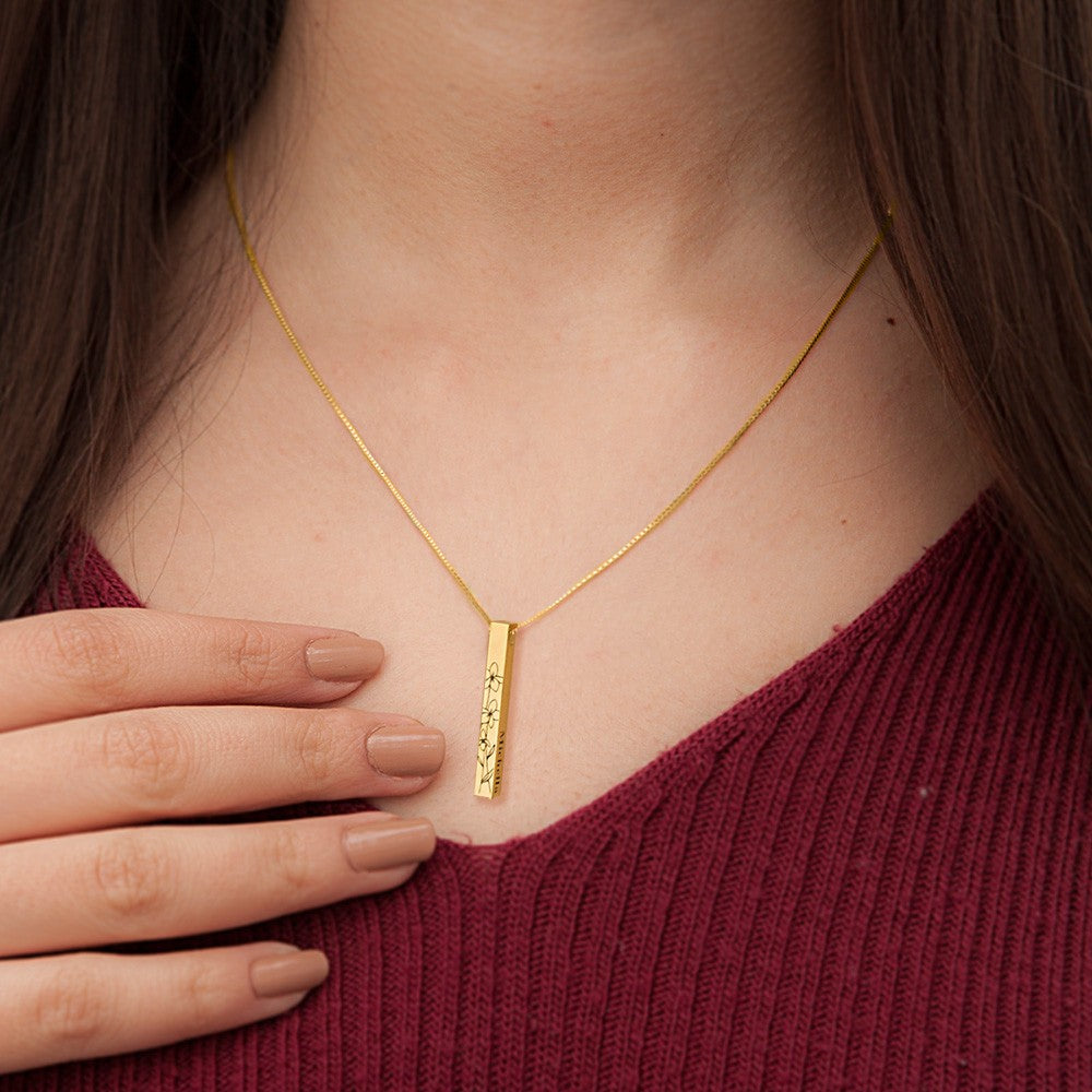 Personalized Birth Flower Engraved Bar Necklace, Customize 4 Sides with Engraving, Family Necklace, Women's Jewelry, Birthday/Anniversary/Mother's Day Gift for Her