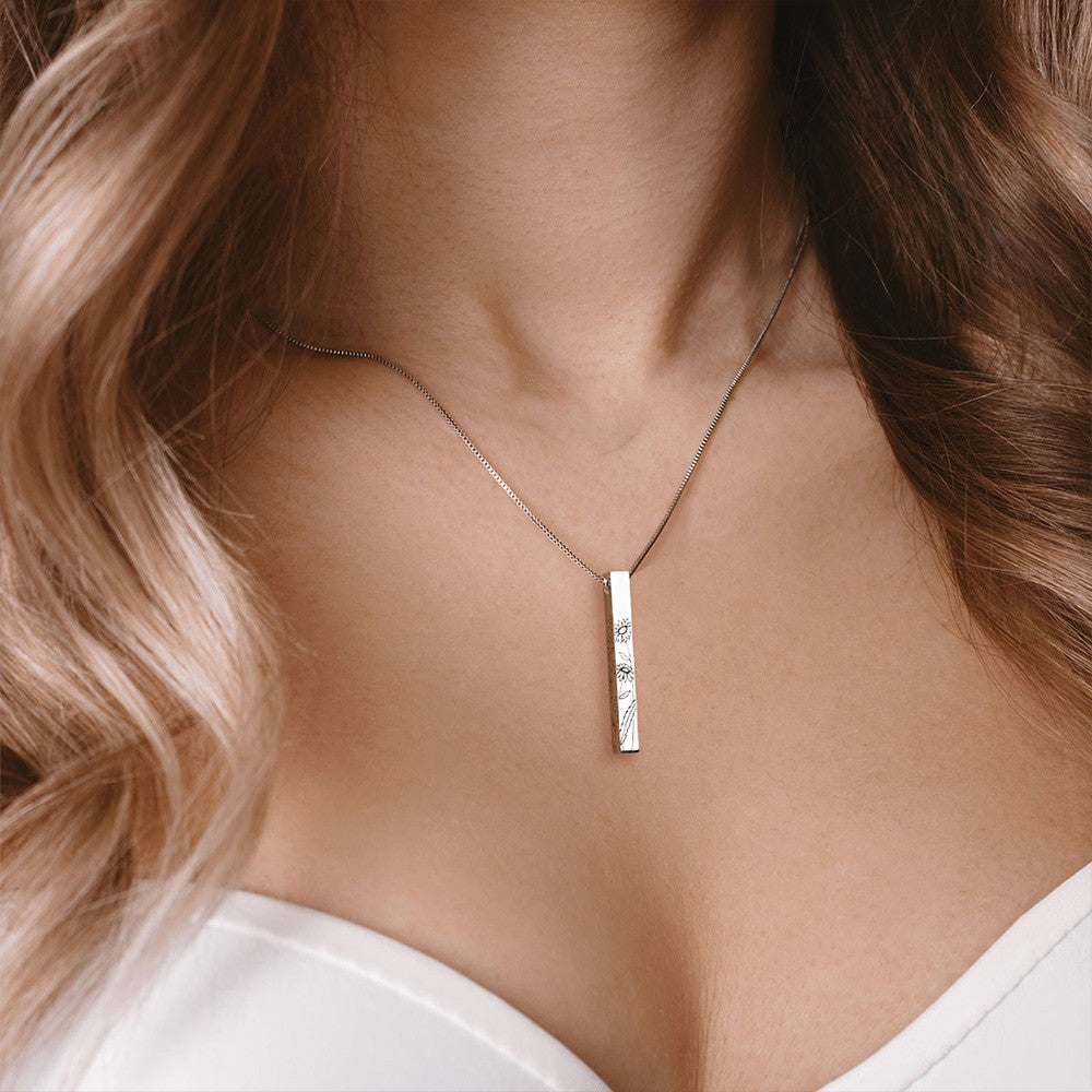 Personalized Birth Flower Engraved Bar Necklace, Customize 4 Sides with Engraving, Family Necklace, Women's Jewelry, Birthday/Anniversary/Mother's Day Gift for Her