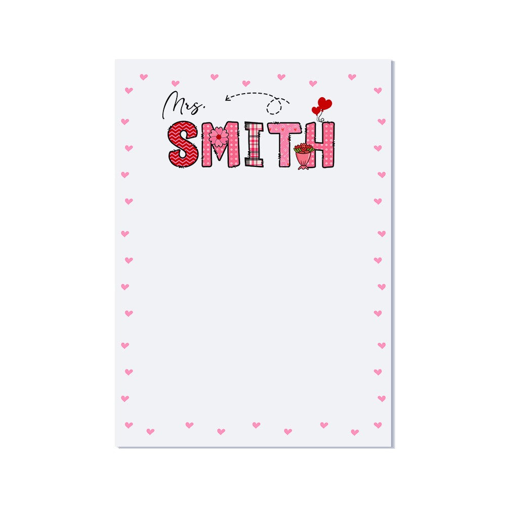Personalized Valentine's Day Teacher Notebook Custom Name Heart Pattern Journal Teacher Appreciation Gift