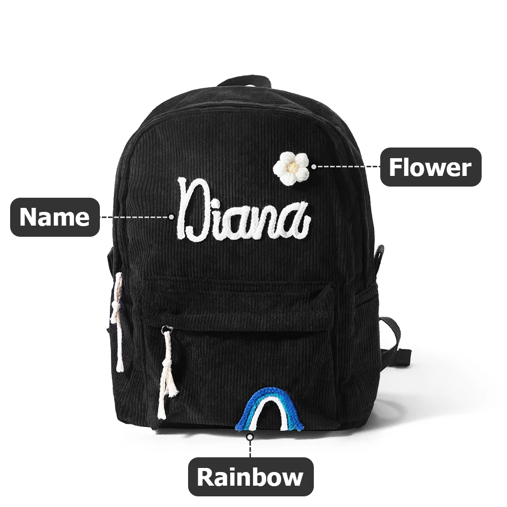 Personalized Braided Flower Rainbow Name Corduroy Backpack, Custom Toddler School Bag, Birthday/Children's Day/Back to School Gift for Kids