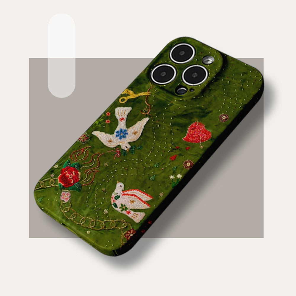 Playful Embroidered Phone Case Collection for Samsung and IPhone, Cute Cat, Birds, and Floral Fun
