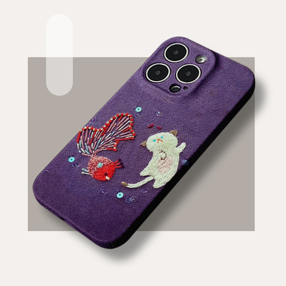 Playful Embroidered Phone Case Collection for Samsung and IPhone, Cute Cat, Birds, and Floral Fun