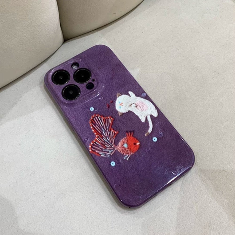Playful Embroidered Phone Case Collection for Samsung and IPhone, Cute Cat, Birds, and Floral Fun