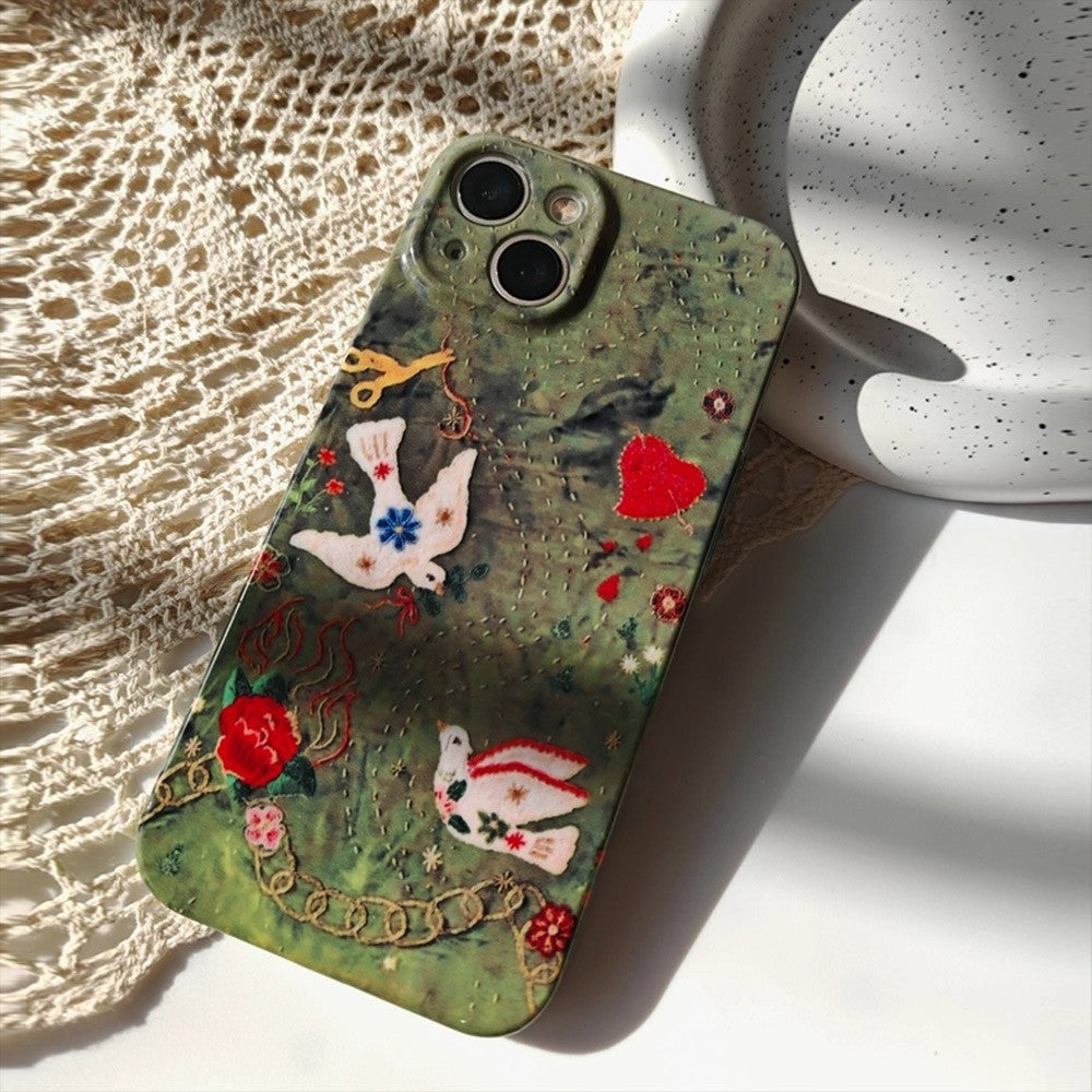 Playful Embroidered Phone Case Collection for Samsung and IPhone, Cute Cat, Birds, and Floral Fun