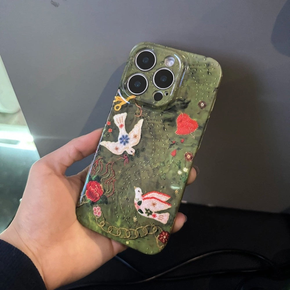 Playful Embroidered Phone Case Collection for Samsung and IPhone, Cute Cat, Birds, and Floral Fun