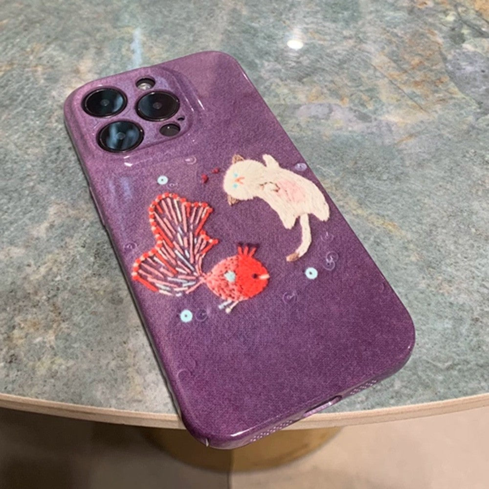 Playful Embroidered Phone Case Collection for Samsung and IPhone, Cute Cat, Birds, and Floral Fun