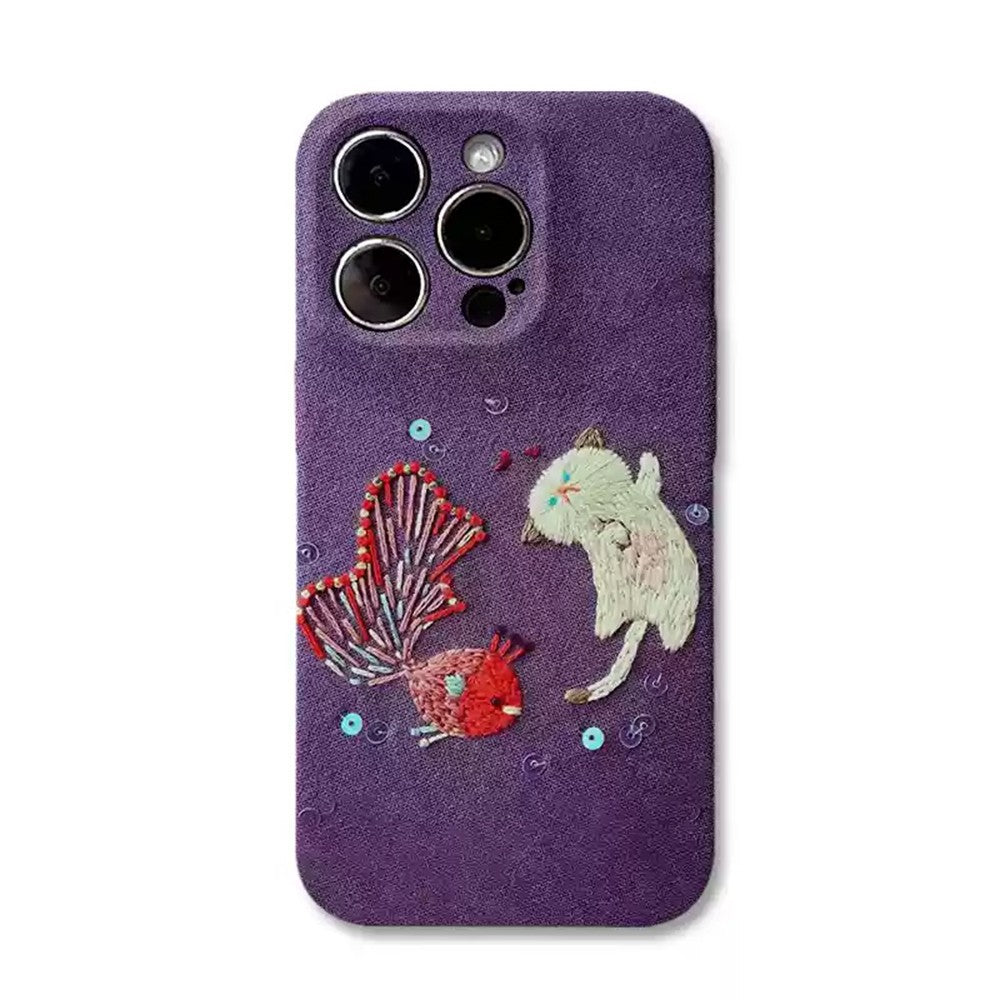 Playful Embroidered Phone Case Collection for Samsung and IPhone, Cute Cat, Birds, and Floral Fun