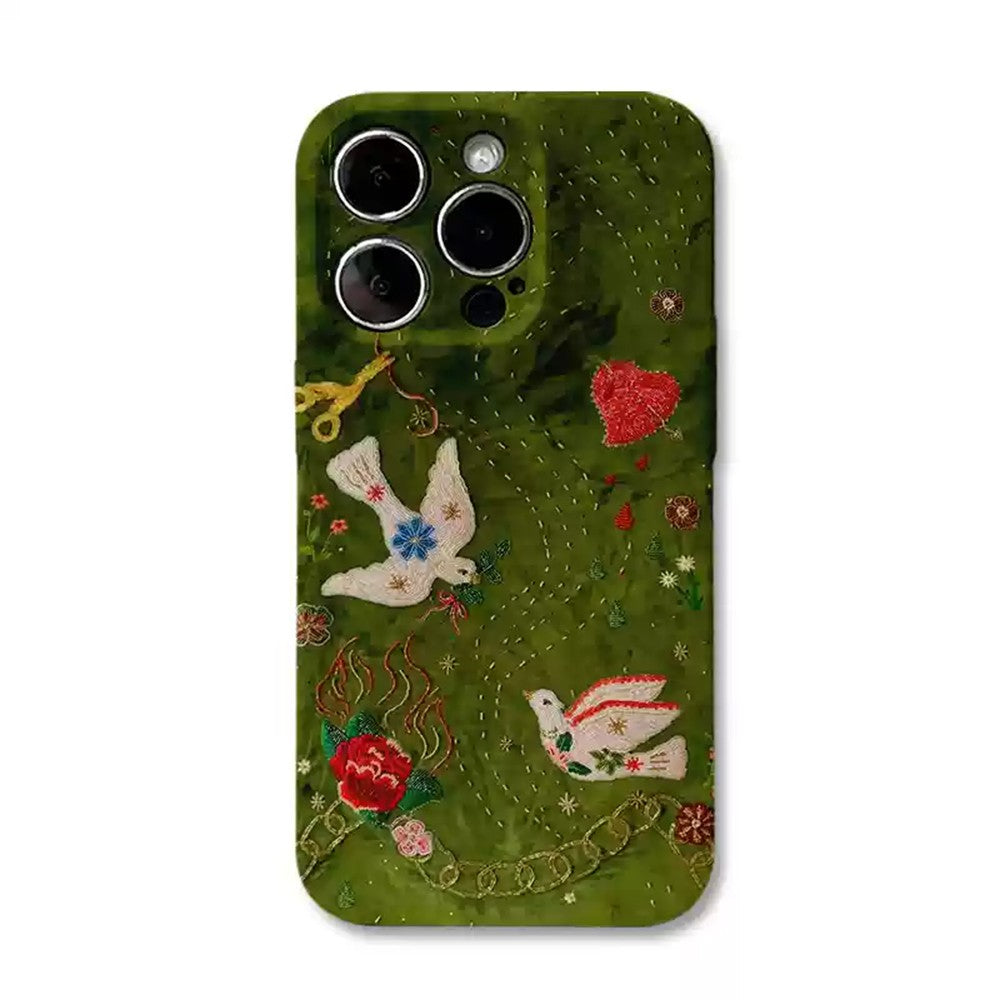 Playful Embroidered Phone Case Collection for Samsung and IPhone, Cute Cat, Birds, and Floral Fun